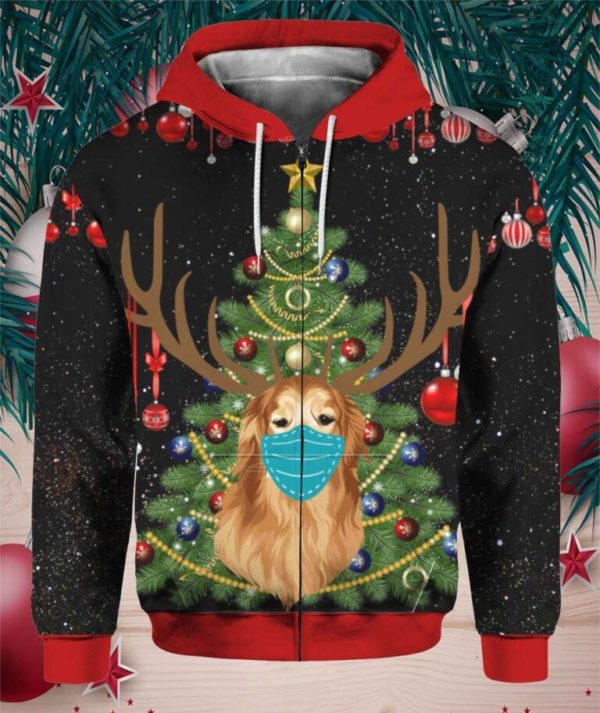Christmas Tree Golden Retriever Reindeer With Face Mask Christmas 3D All Over Print Shirt 3D Zip Hoodie Black S