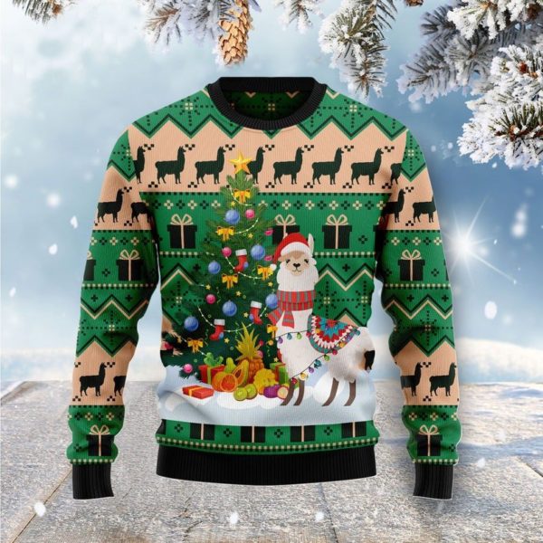 Christmas Tree Llama Ugly Christmas Sweater AOP Sweater Green S