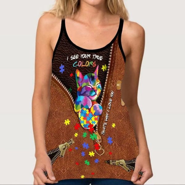 Colorful Cat Autism Awareness Leather Pattern 3d Printed Criss Cross Tank Top product photo 2