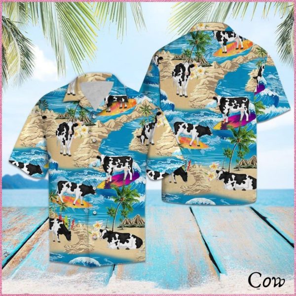 Cow Summer Vacation Hawaii Shirt Short Sleeve Hawaiian Shirt Blue S