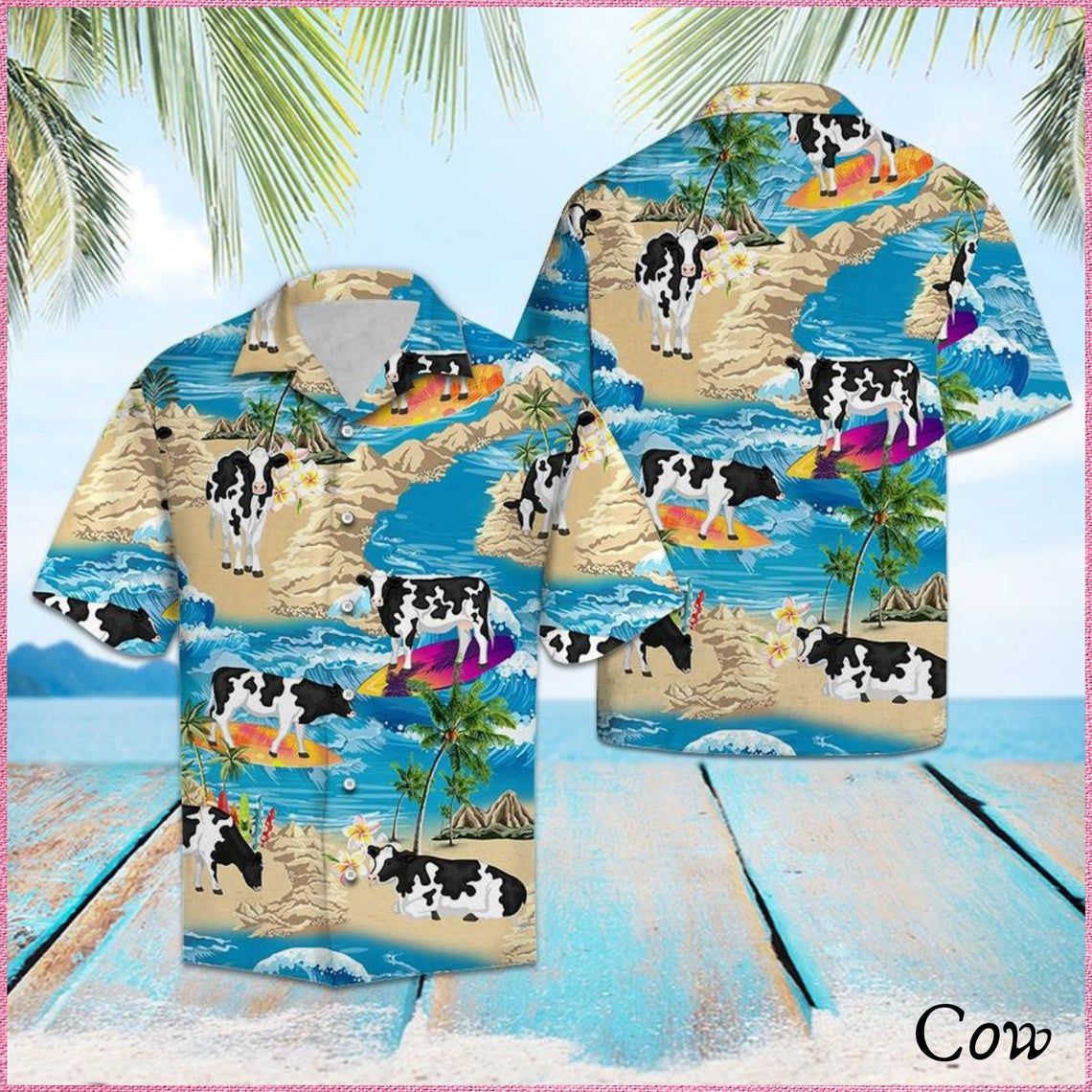 Cow Summer Vacation Hawaii Shirt Style: Short Sleeve Hawaiian Shirt, Color: Blue