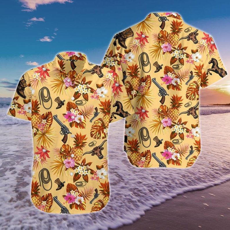Cowboy Tropical Pineapple Hawaiian Shirt Style: Short Sleeve Hawaiian Shirt, Color: Yellow