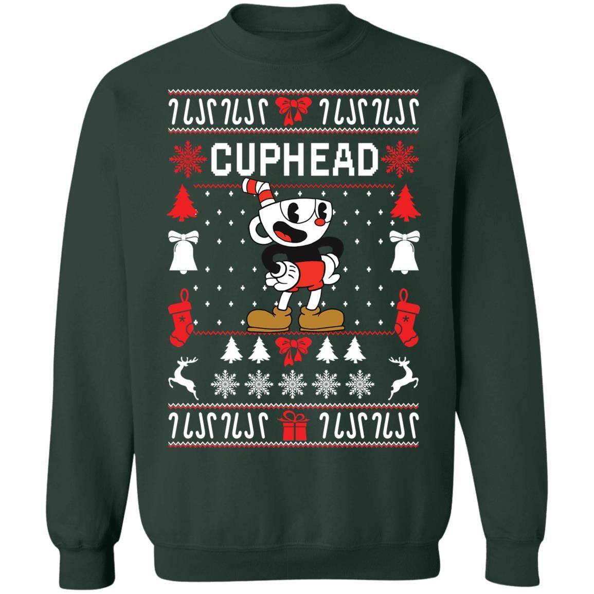 Cuphead Christmas sweater  Christmas tree snowflakes Cute Cup Style: Sweatshirt, Color: Forest Green