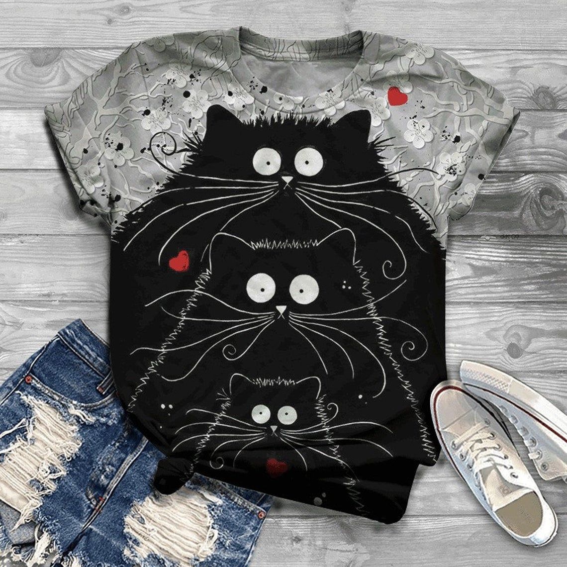 Cute Cats Black Cats 3D Unisex T-Shirt Style: 3D T-Shirt, Color: Black