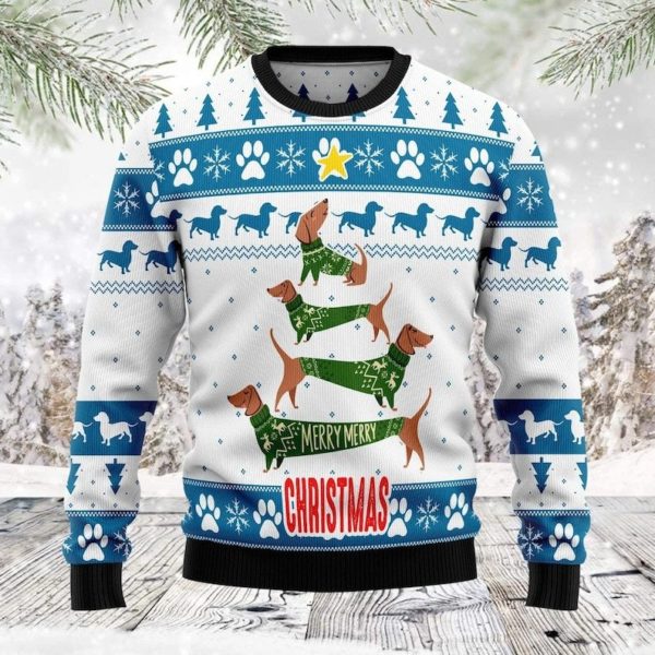 Cute Dachshunds Tree Star Merry Christmas Sweater AOP Sweater Light Blue S