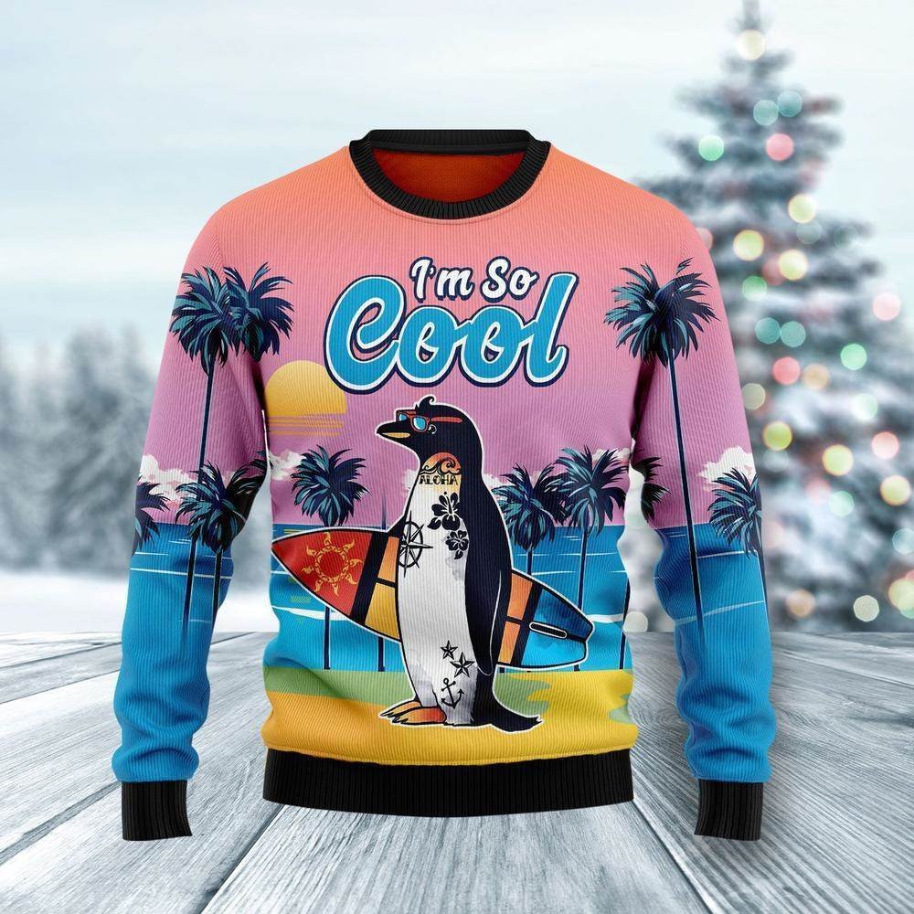 Cute Penguin I’m So Cool Surfing Christmas 3D Sweater AOP Sweater Light blue S