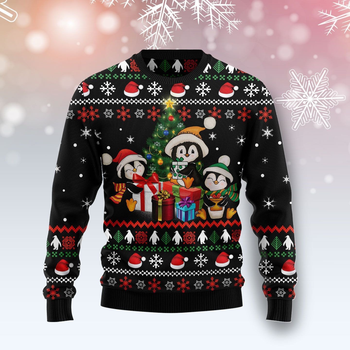 Cute Penguins And Gift Christmas Tree Christmas Sweater AOP Sweater Black S