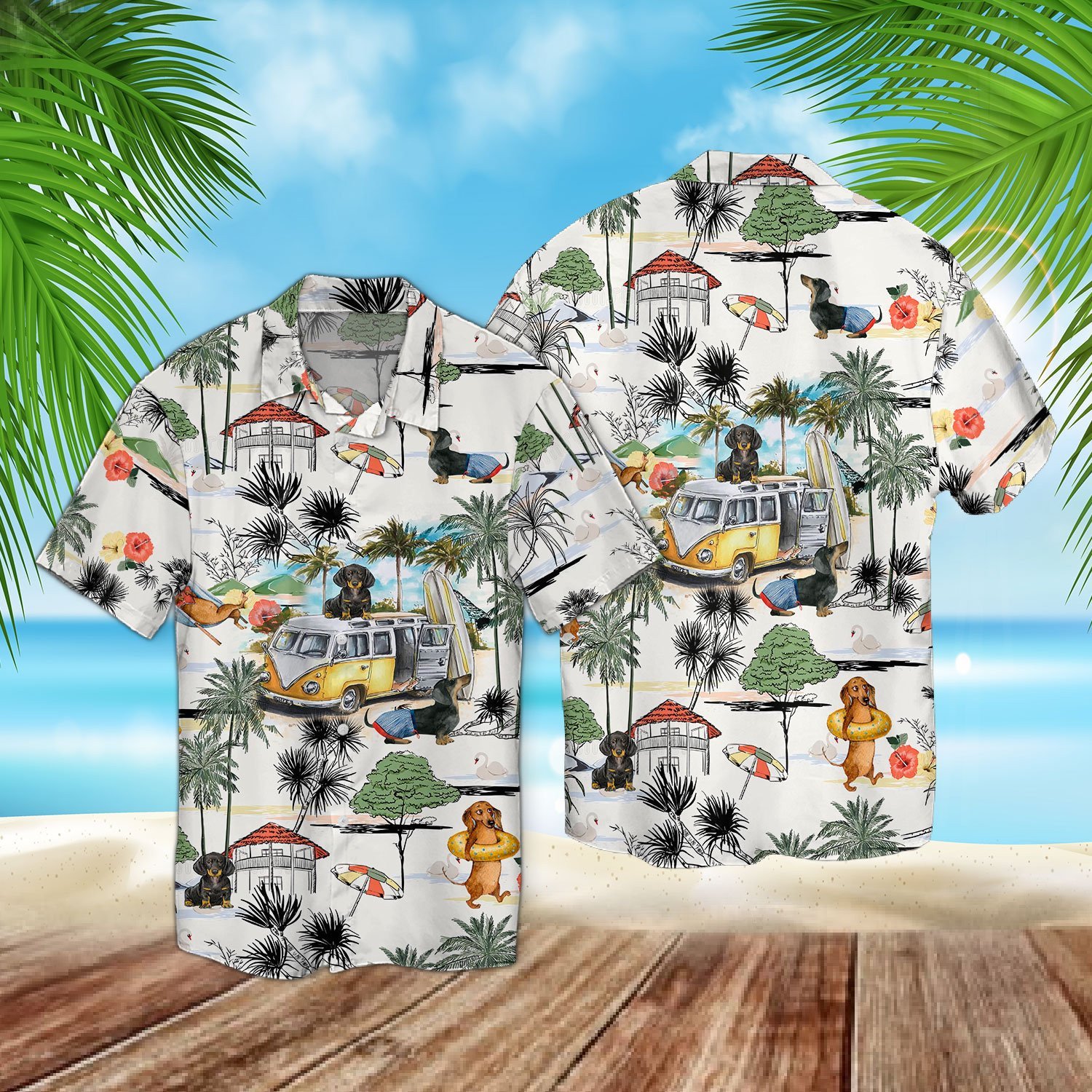 Dachshund Beach Funny Dachshund Goes Camping Hawaii Shirt Short-Sleeve Hawaiian Shirt White S