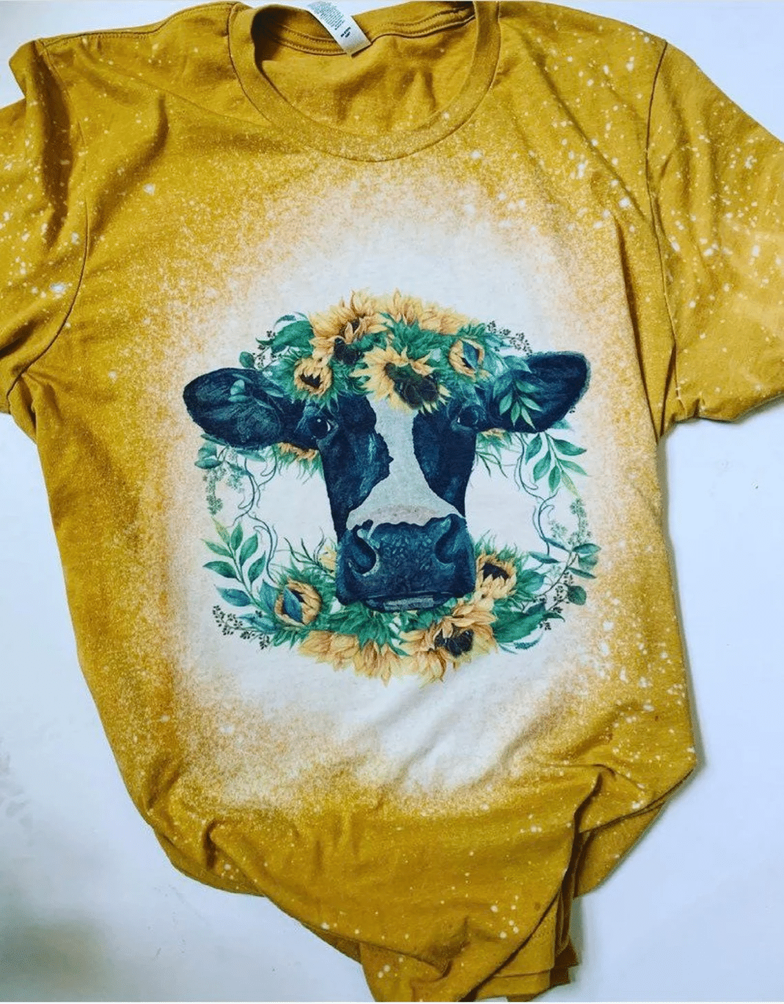 Dairy Cow Sunflower Bleached T-Shirt Style: Bleached T-Shirt, Color: Gold