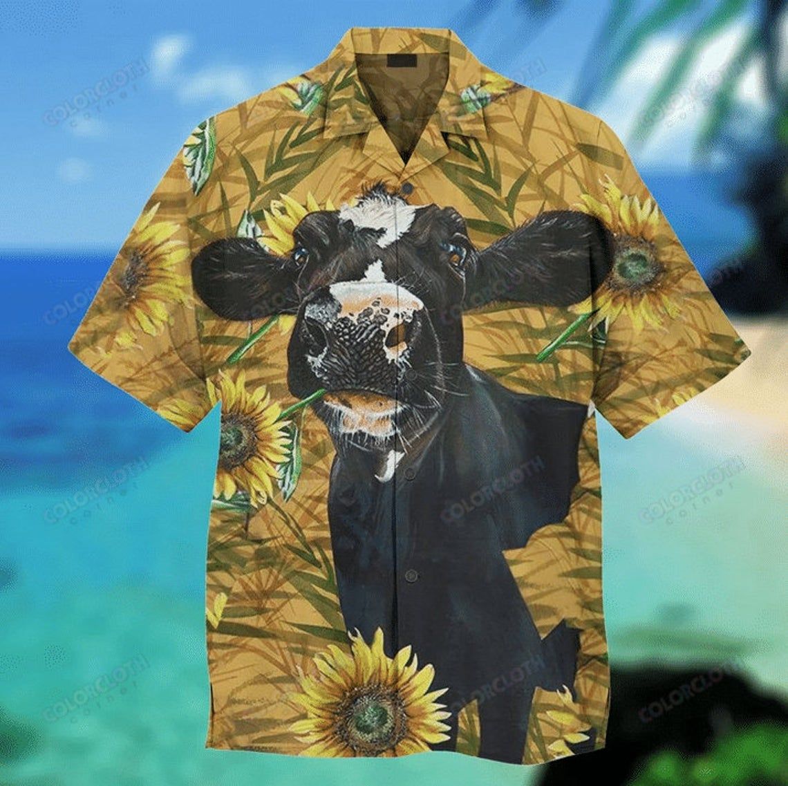 Dairy Cow Sunflower Hawaiian Shirt Style: Short Sleeve Hawaiian Shirt, Color: Yellow