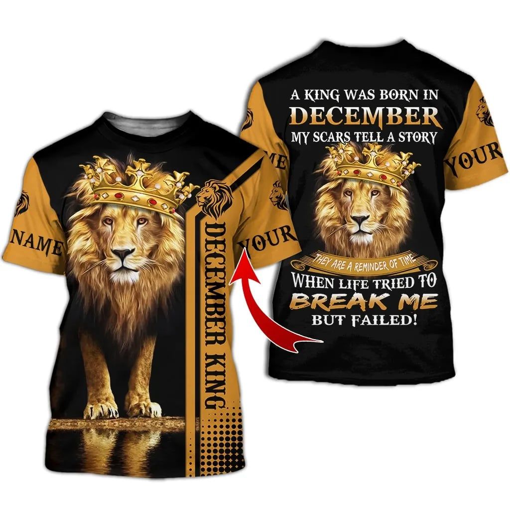 December Guy Lion King Personalized Name 3D All Over Printed Shirt Style: 3D T-Shirt, Color: Black