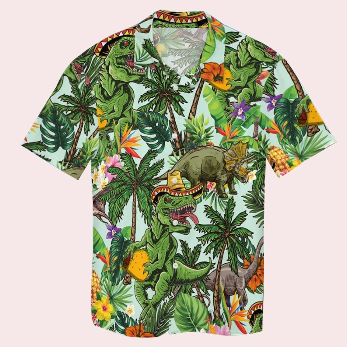 Dinosaur And Tacos Tropical Hawaiian Shirt Style: Short Sleeve Hawaiian Shirt, Color: White