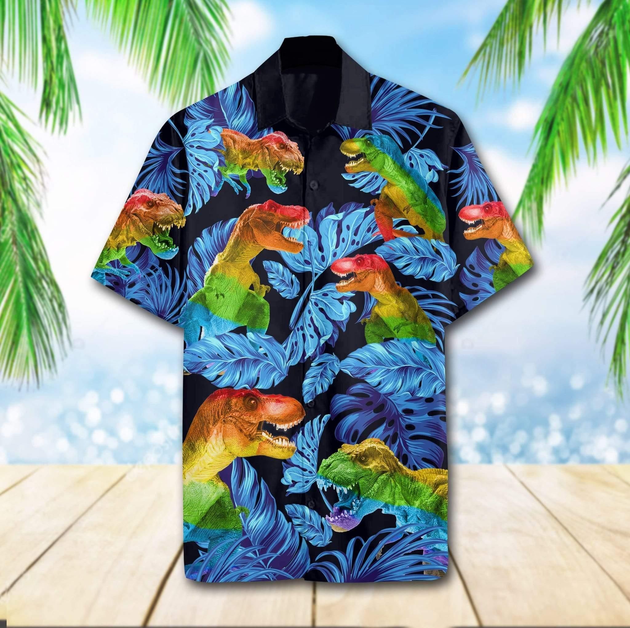 Dinosaur LGBT Tropical Hawaiian Shirt Style: Short Sleeve Hawaiian Shirt, Color: White