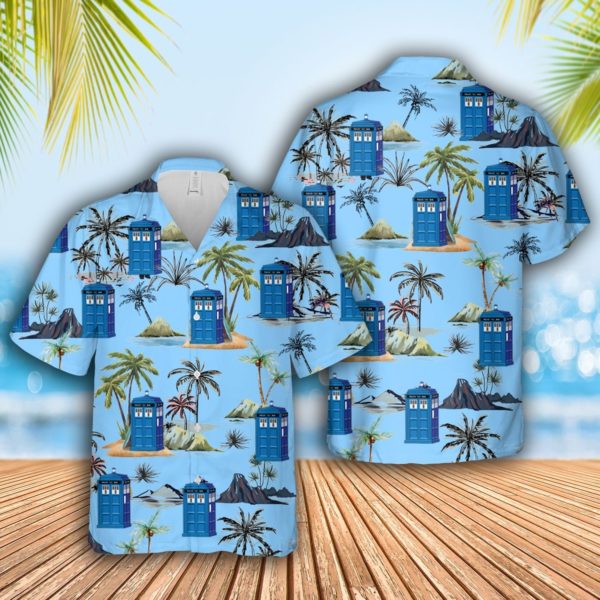 Doctor Who Police Box Coconut tree Hawaiian Shirt Short Sleeve Hawaiian Shirt Light Blue S