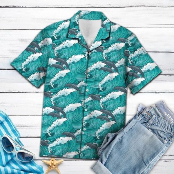 Dolphin Waves Hawaiian Shirt Short Sleeve Hawaiian Shirt Black S