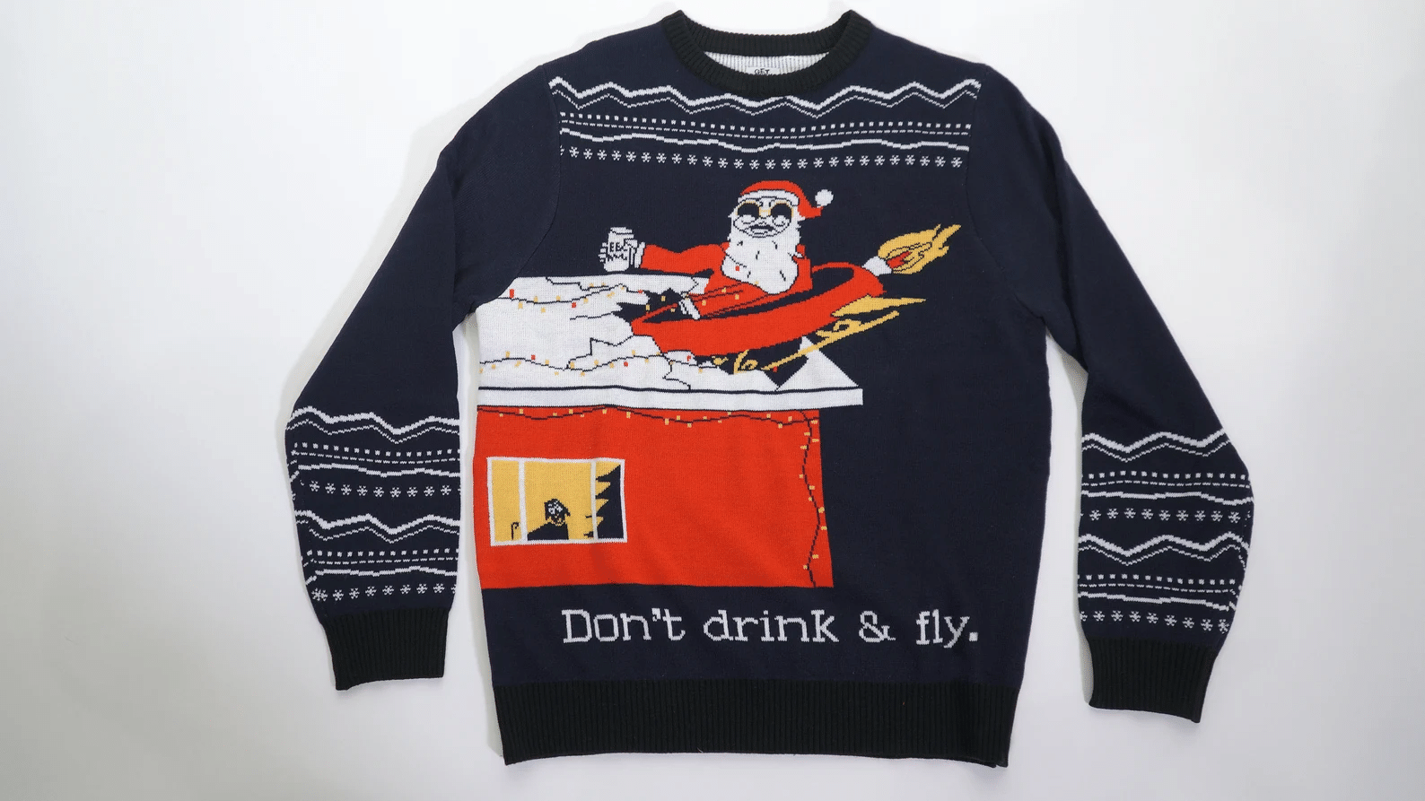 Don't Drink & Fly Santa Ugly Christmas Sweater Style: AOP Sweater, Color: Navy