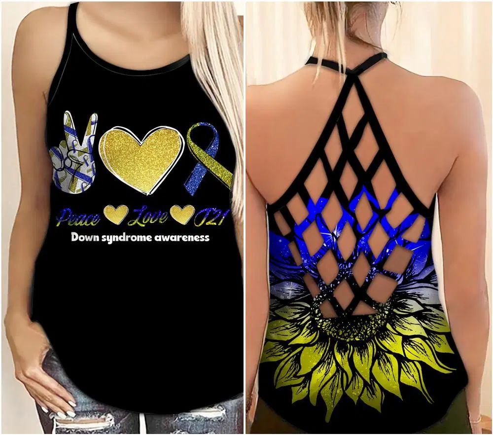 Down Syndrome Awareness Peace Love T21 Criss Cross Tank Top Style: Criss Cross Tank Top, Color: Black