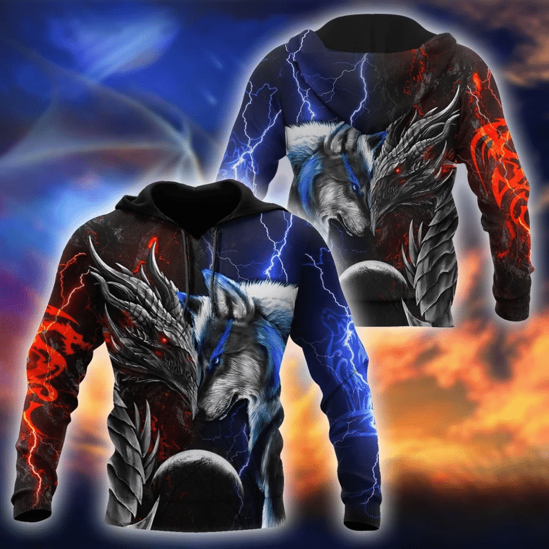 Dragon and Wolf Under Lightning Christmas Gift 3D All Over Print Hoodie Style: 3D Hoodie, Color: Blue