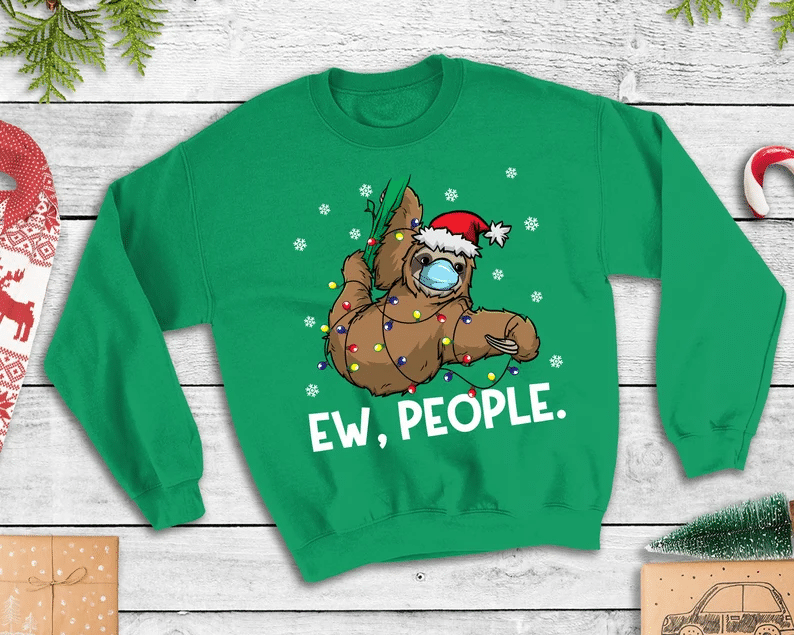 Ew People Sloth Santa Wearing Face Mask Christmas Sweatshirt Style: Sweatshirt, Color: Green