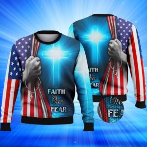 Faith Over Fear Jesus Cross 3D Sweater AOP Sweater Blue S