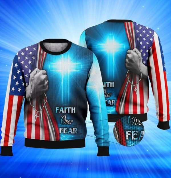 Faith Over Fear Jesus Cross 3D Sweater AOP Sweater Blue S