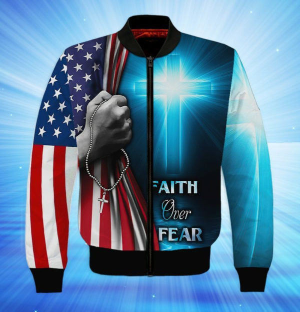 Faith Over Fear Jesus Cross All Over Print 3D Shirt Bomber Jacker Blue S