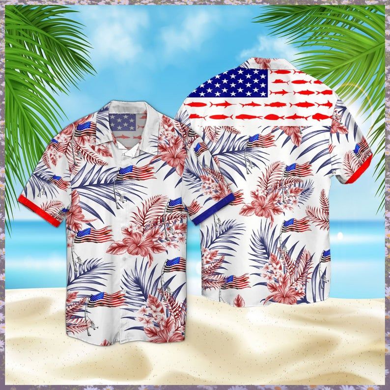 Fishing American Flag Hawaiian Shirt Style: Short Sleeve Hawaiian Shirt, Color: White