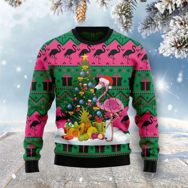Flamingo & Christmas Tree Ugly Christmas Sweater AOP Sweater Green S