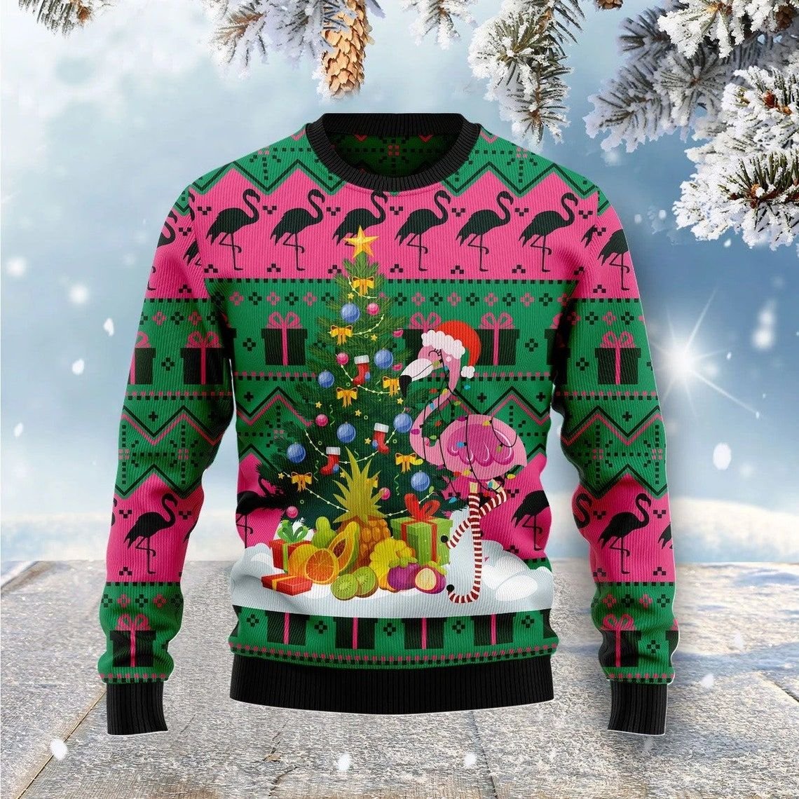 Flamingo & Christmas Tree Ugly Christmas Sweater Style: AOP Sweater, Color: Green