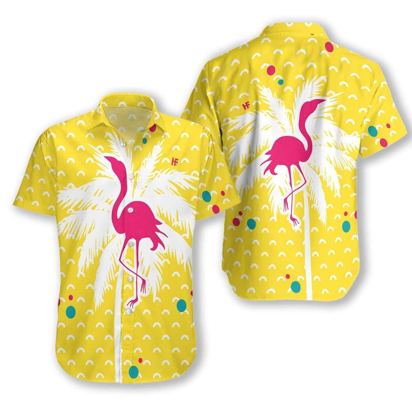 Flamingo Coconut tree Hawaiian Shirt Short Sleeve Hawaiian Shirt Yellow S