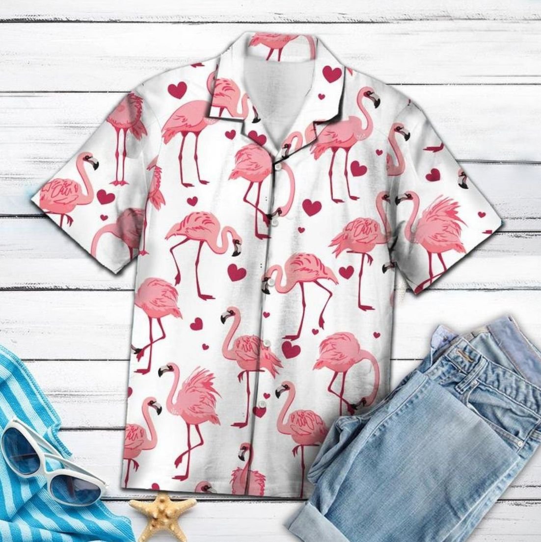 Flamingo Hawaiian Short Sleeve Shirt Style: Short Sleeve Hawaiian Shirt, Color: White