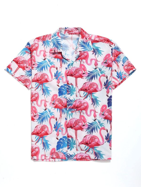 Flamingo Tropical Leaves Hawaiian Shirt Short Sleeve Hawaiian Shirt White S