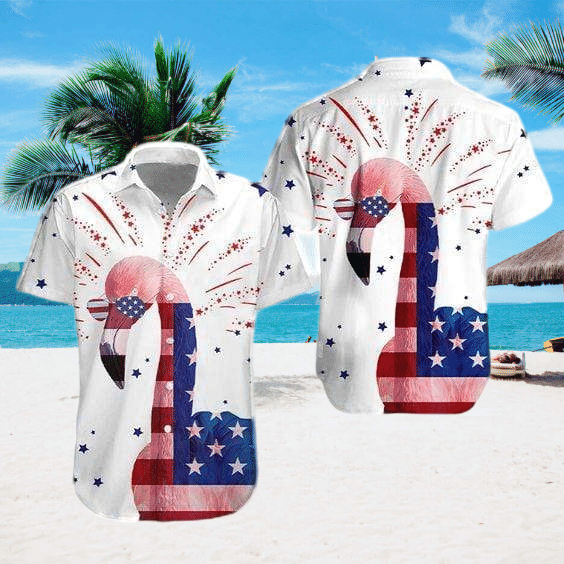 Flamingo USA Flag Hawaiian Shirt Style: Short Sleeve Hawaiian Shirt, Color: White