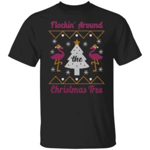 Flocking Around The Christmas Tree Flamingo Christmas Sweatshirt T-Shirt Black S