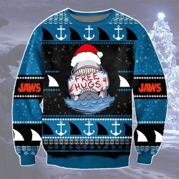 Free Hugs Ugly Sweatshirt Jaws Shark Santa Christmas Sweater AOP Sweater Blue S