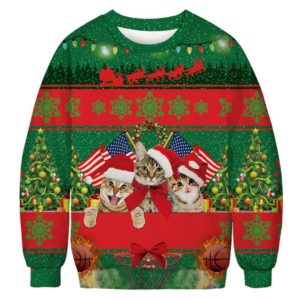 Funny Cats Santa American Flag Christmas 3D Sweater AOP Sweater Green S