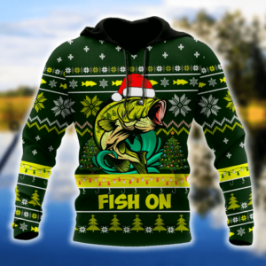 Funny Christmas Fish Santa Bass Fishing Fish on Christmas Hat 3D T-shirt Hoodie Short Pant 3D Hoodie Green S