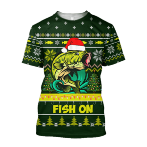 Funny Christmas Fish Santa Bass Fishing Fish on Christmas Hat 3D T-shirt Hoodie Short Pant 3D T-Shirt Green S