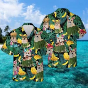 Funny Corgi Play Guitar Summer Leaves Hawaiian Shirt Short-Sleeve Hawaiian Shirt Green S