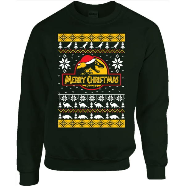 Funny Dinosaur Santa Christmas Sweatshirt Sweatshirt Forest Green S