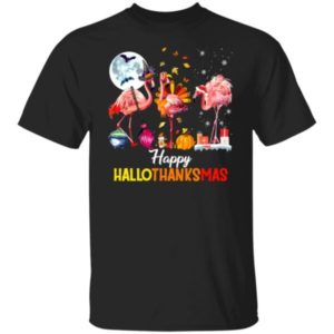 Funny Flamingo Halloween Happy Hallothanksmas Christmas Shirt Unisex T-Shirt Black S