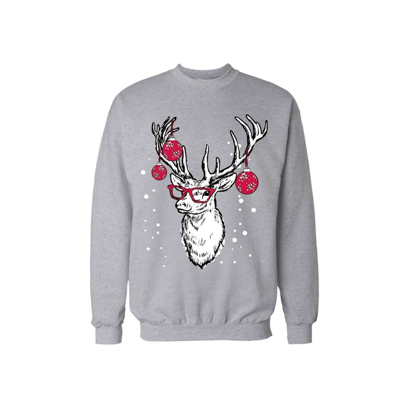Funny Reindeer Red Bauble Glasses Christmas Sweatshirt Style: Sweatshirt, Color: Gray
