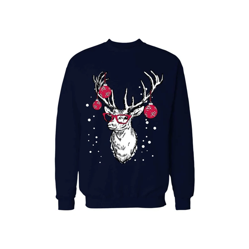 Funny Reindeer Red Bauble Glasses Christmas Sweatshirt Style: Sweatshirt, Color: Navy