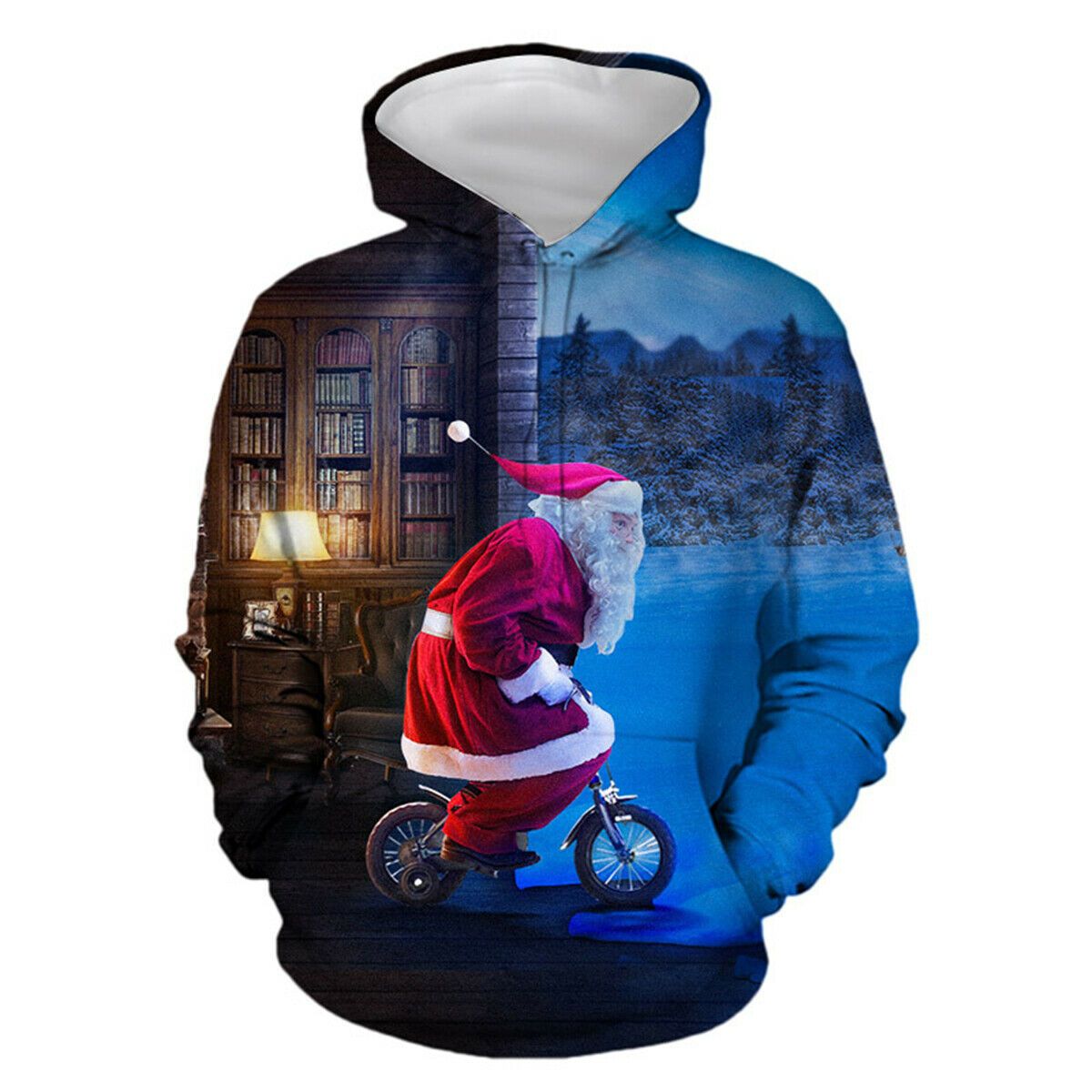 Funny Santa Claus Ride Bicycle All Over Print 3D Hoodie Style: 3D Hoodie, Color: Blue