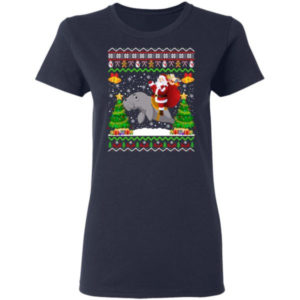 Funny Santa Claus Riding Manatee Christmas Shirt Ladies T-Shirt Navy S