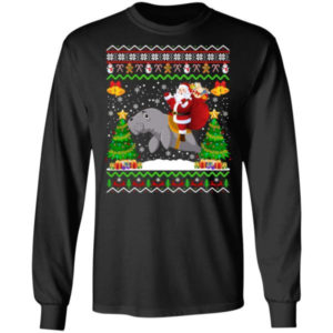 Funny Santa Claus Riding Manatee Christmas Shirt Long Sleeve Black S
