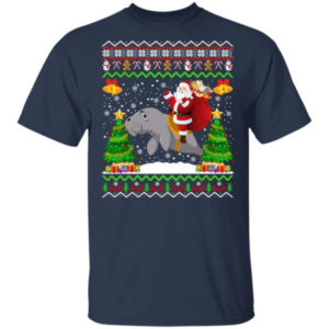 Funny Santa Claus Riding Manatee Christmas Shirt Unisex T-Shirt Navy S