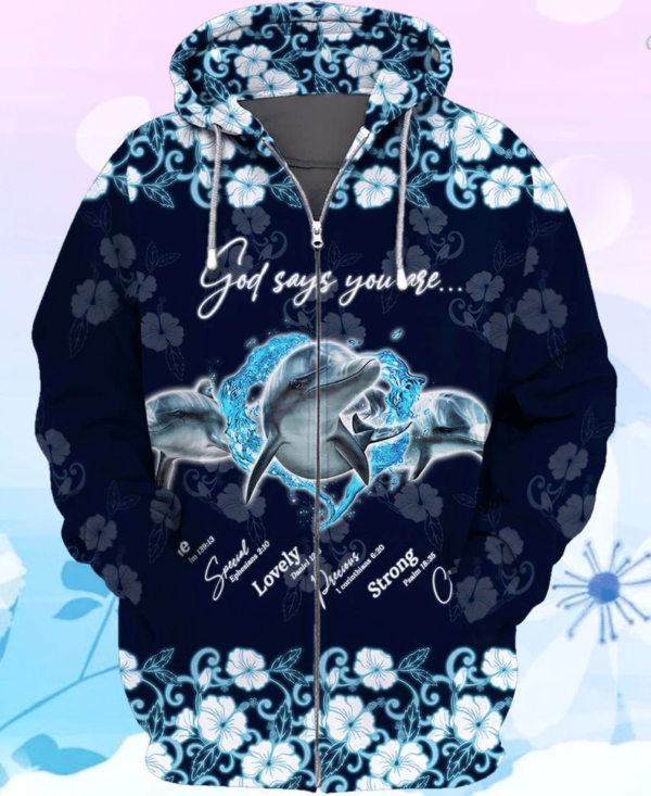 God Says You Are Lovely Strong Dolphin Family 3D All Over Print Zip Hoodie 3D Zip Hoodie Blue S