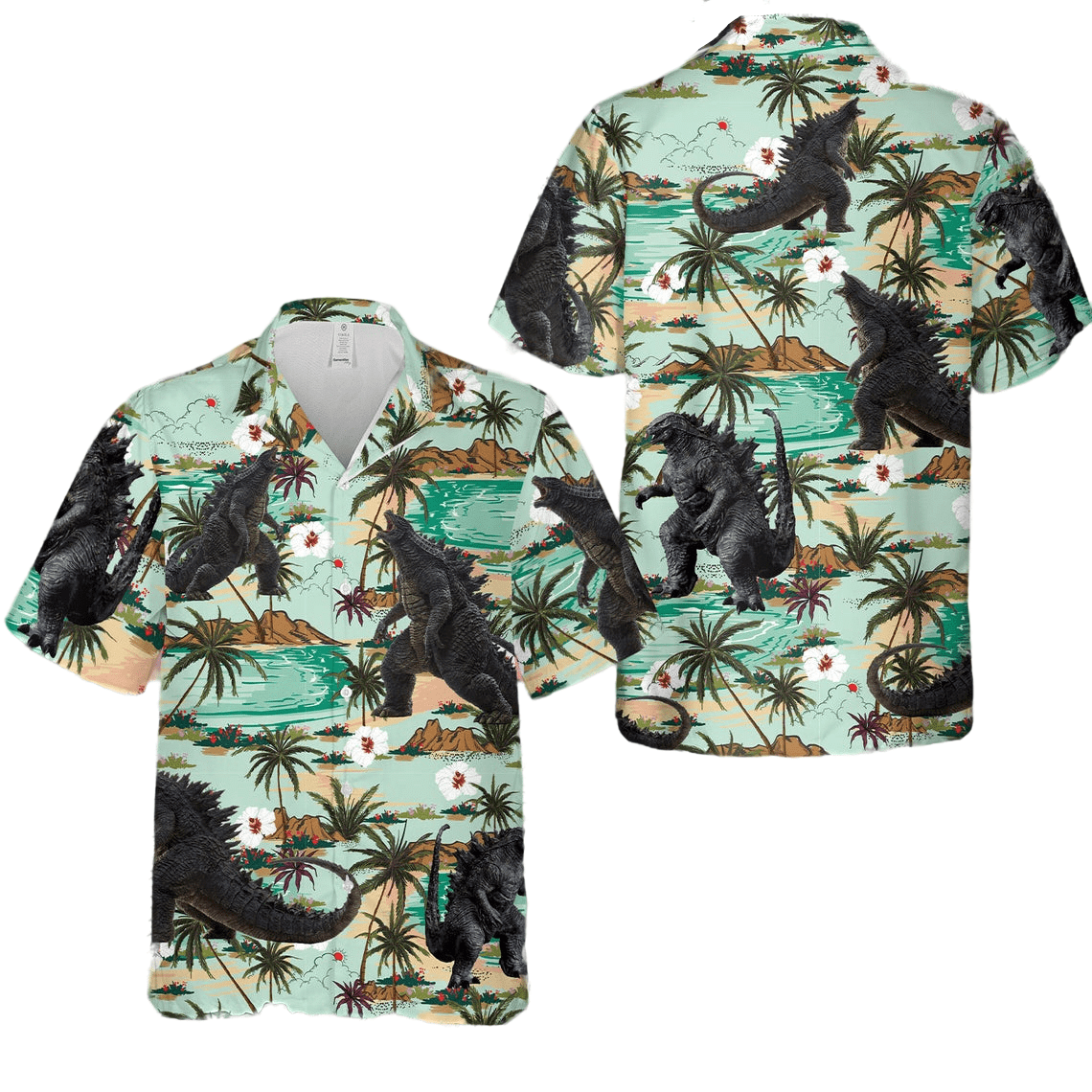 Godzilla coconut tree hawaiian shirt Style: Short Sleeve Hawaiian Shirt, Color: White