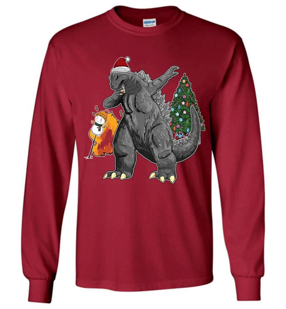 Godzilla Dabbing For Christmas Snowman Christmas Tree Long Sleeve And Sweatshirt Style: Long Sleeve, Color: Cardinal Red
